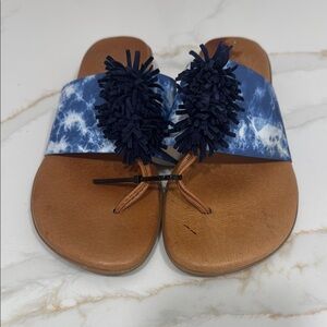 Andre Assous Blue and Brown Pom-Pom Sandals